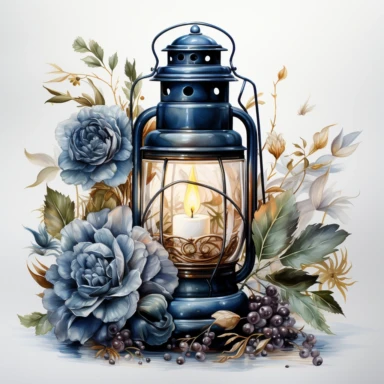 hyperrealistic ultra detailed watercolor clipart, floral fantasy lantern with a candle lit, white background, in the style of digital print, clipart, illustration, sticker, ultra high definition, rich details, 32K, HD
