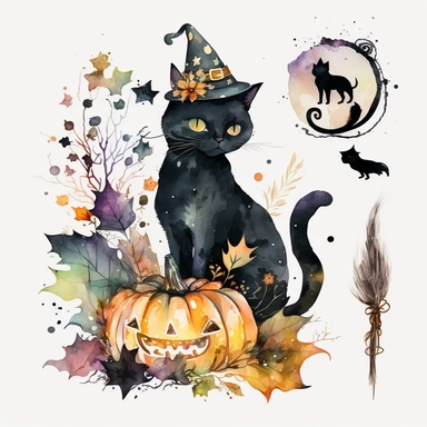 Watercolor black witch cat Halloween clipart, pumpkin, autumn season, Watercolor Sublimation design, white background