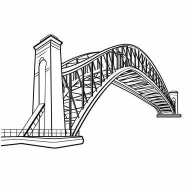 [Theme: Australia] Sydney Harbour Bridge, simple clipart, coloring book for kids, minimalist cartoon vector line art, thick solid black lines, black and white, isolated on white background