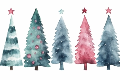 cute christmas tree watercolor cliparts watercolor illustrations stock, in the style of textured illustrations, light red and dark aquamarine, elaborate, kawaii chic, light maroon and dark gray, illustration, cartelcore