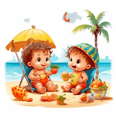 cute babies eating at the beach, summer time clipart
