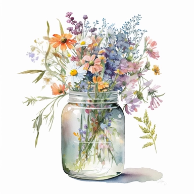 a vibrant bouquet of wildflowers contained within a transparent glass jar. The scene is reminiscent of the work of Mary Cassatt with its impressionistic touch, yet maintains the simplicity and approachability of clipart. With the white background, the watercolor-style lighting brings a soft morning glow, enhancing the vivid colors of the flowers. Use a 35mm lens for a balanced perspective, capturing the delightful contrast between the colorful bouquet and the stark background