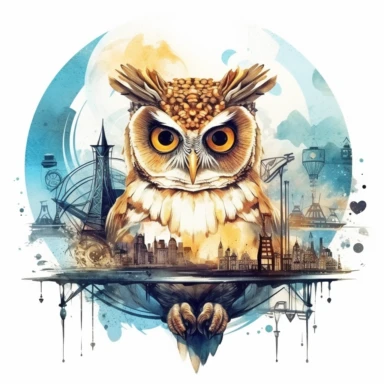 Clipart with white background: Capture the allure of an alternate reality by painting a steampunk fantasy owl against a backdrop of towering airships and floating islands watercolor
