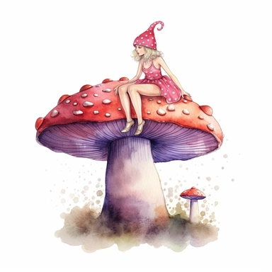 watercolor toadstool with a fairy sitting on top, clipart on white background, no shading