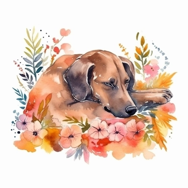 Lazy Dog Sleeping in garden over Flowers and Leaves ,Isolated,Watercolor Clipart