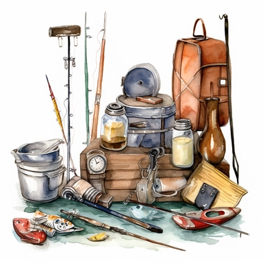 whimsical watercolour cute clip art fishing equipment