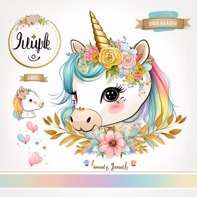 cute unicorn in chibi style with flowers in hair, colourful rainbow colours, well lite, with name plate ribbon with gold trim, watercolor clipart using procreate grain brush, svg white background