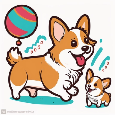 a cute cartoonish clipart of a mommy corgi playing with her baby, by Kasia Rogowska, with a white background and a bright and colorful color palette. The mommy corgi is teaching her baby how to play fetch with a ball, and the baby corgi is bouncing happily after the ball. The clipart has a dynamic and energetic style, with lively lines and fun patterns that make it really pop.