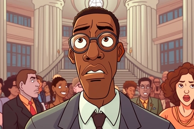 cartoon black man-court worker on the background of a clipart, in the style of the Quito school, #vfxfriday, surprisingly absurd, hd, female style, american barbizon school, strong lines