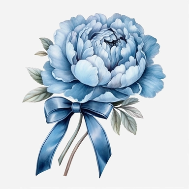 Watercolour realistic pastel blue peony flower stem with beautiful ribbon bow tied around it intricately realistically detailed pastel blue peony , PNG image,transparent background ,ultra highly detailed, 18k, sharp focus, bright photo with vibrant colours, digitally enhanced,photographic, enhanced graphics, png format, straight, sharp focus, bright lighting, intricate detailed png image ,high definition,300dpi,graphic clipart,computer graphics