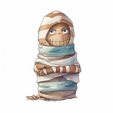 watercolor style, Mummy: A wrapped-up figure representing an ancient Egyptian mummy, depicted with bandages and glowing eyes. clipart, isolated on white background, 4K