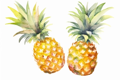watercolor two Pineapple fruits clipart, flat style, no volume, few details, washed out, minimalistic style, very lose details, very light colors, transparent colors, light airy hues and pastel tones, spaced out, white background, washed out colors and paint, hand-painted watercolor, watercolor spray, watercolor splash, splatters and paint smudges on top of each Pineapple, watercolor paper with visible rough paper texture, a variety of watercolor brushes, do not cross workspace borders, rough wa