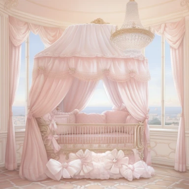 panoramic view, full view, beautiful elegant royal baby girl nursery room drawing painting, frilly, romantic, fantasy, ethereal, light pink and white colors, beautiful crib with beautiful full flowing canopy, beautiful bling crystal chandelier, soft pink teddy bear, beautiful large Victorian style window with beautiful pink flowing drapes, faux fur rug, sharp focus, high detail, 8k, illustration clipart style, transparent background