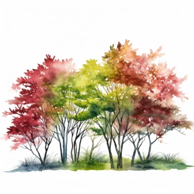 Watercolor, Japanese Maple Trees, old, long branches, Clipart, springtime japanese trees, forest, grass, white background