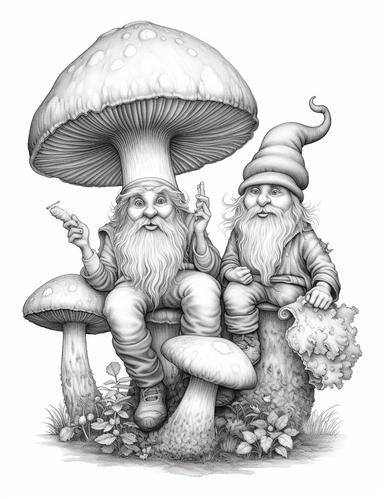 light gray and bubbles, two humanoid gnomes are sitting on a huge mushroom, highly detailed clipart, hdr, 32K, photo expert quality, greatest for coloring realistic, hyperrealistic and highly detailed, coloring book pages, isolated on a white background