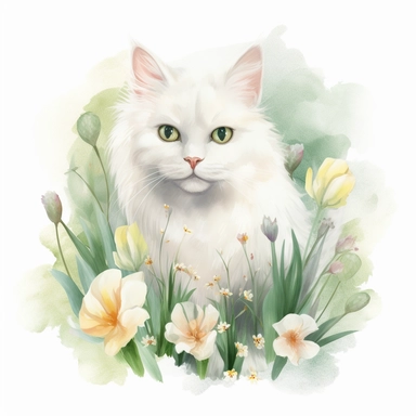 white fluffy cat with spring bulbs in flower and green foliage, Clipart pastel, style is watercolor, soft face, Adorable, Charming , Endearing , fluffy, Furry, Gentle, innocent Playful, Precious, soft, Sweet, Tender, Whimsical, 4k