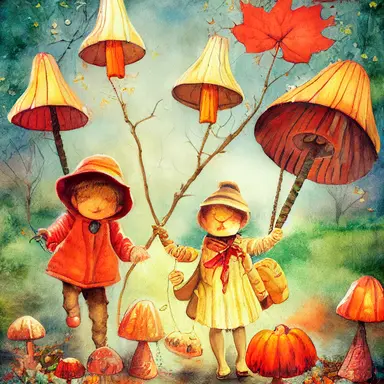children in autumn clothes on a lantern parade, toadstools, waldorf, martinmas, chalk, watercolor, clipart, white background, cartoon