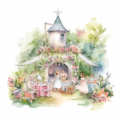 watercolor colorful clipart of a fancy garden party, hd, on white background