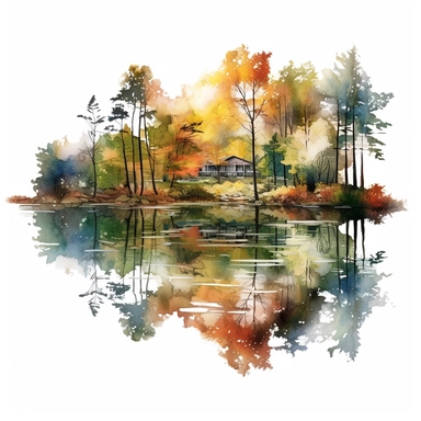 watercolor, hyper realistic, white background, white margins, 16k, ultra detailed clipart, cut out image, hand-drawn a tranquil pond nestled amidst the trees. Capture the reflection of the colorful foliage on the water surface, with fallen leaves floating gently.