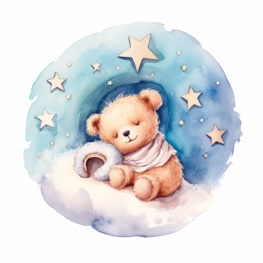 childrens illustration of Sleeping baby teddy bear resting on curve of crescent moon. White background. Surrounded by 5 stars. Minimal. Cupcake Delight colours. Nursey. Soft Watercolour Style. Clipart