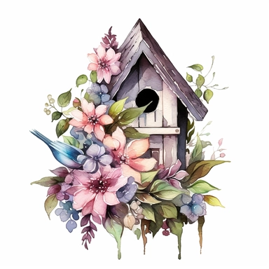 watercolor, hyper realistic, white background, white margins, 16k, ultra detailed clipart, cut out image, hand-drawn a floral birdhouse, inspired by the beauty of nature. The birdhouse should be the focal point of the design, adorned with intricate floral details and elements. The clipart can have a whimsical or rustic feel, evoking a sense of warmth and coziness. Color Scheme: Choose a soft and harmonious color scheme for the clipart. Consider incorporating pastel shades such as light pink, lav