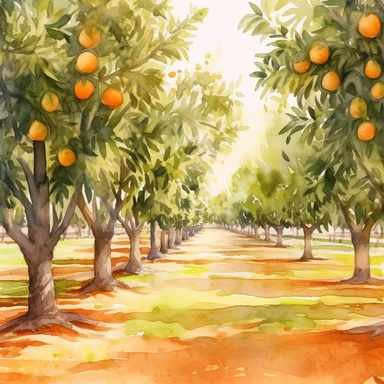 Citrus Grove: Create a watercolor clipart of an expansive orange grove, capturing the rows of trees and the play of light and shadow. Incorporate warm earthy tones and a sense of depth to bring the scene to life.