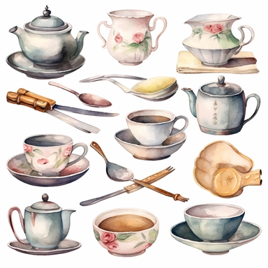 Watercolor vintage tea party items, illustrations clipart set, simple, soft colors, cartoon elements, different variants, teapot, sugar bowl, jug of milk, , stacked china plates, tongs, china cup and saucer,napkin, stacked teacups, ,silver knife, ,silver fork, ,silver spoon,napkin, place holders, separate elements with a margin