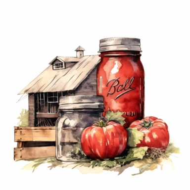 a single tomato mason jar watercolor clipart & clip art, in the style of light red and dark gray, narrative paneling, classic american cars, uhd image, hand lettering, depiction of rural life, wood