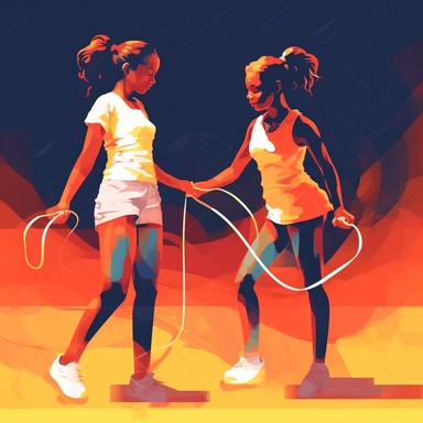 Young girls playing Classic jump rope game outside, bold colors, retro neon style, photorealistic, high-resolution photography, transparent background PNG clipart – ar 16:9