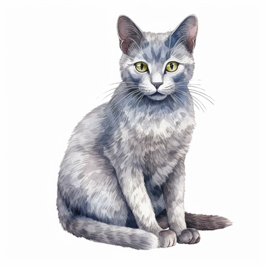 Russian Blue cat Clipart, painted cat clipart, cat illustration, realistic, white background