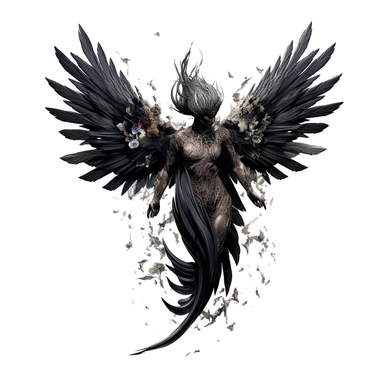Gothic petals Dark fantasy a fallen angel Clipart, Cartoon, hyper realistic, intricate detail, illustration style, high resolution, on the white background
