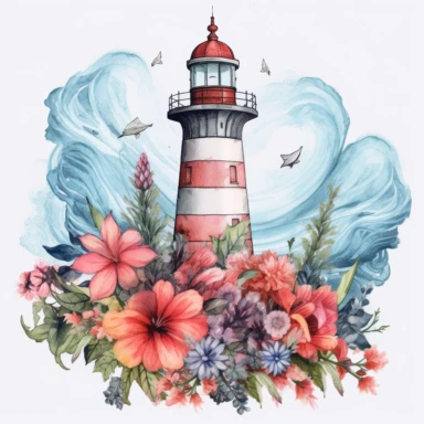 nautical lighthouse floral clipart,,hd,8k,--s,1000,--3:2--,--v 5,ar