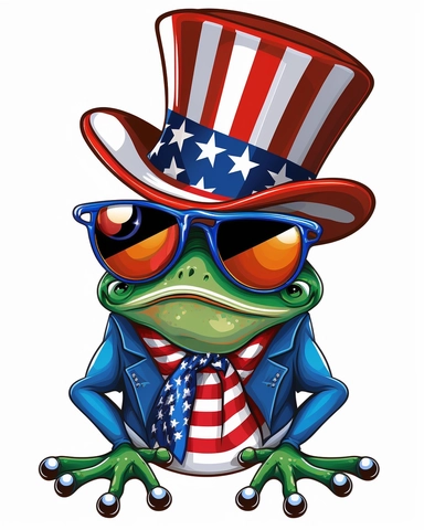 Patriotic family frog wearing American flag sunglasses And Hat, cartoon style,upbeat celebration mood,vintage styl, clipart graphic,vector,contour,white background,