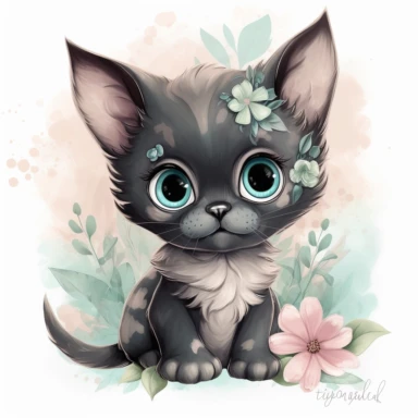 super cute newborn baby black kitten clipart with huge cute baby blue eyes extremely happy excited smiling mouth painted in watercolor style, splashes, muted pastel blush pink and muted pastel sage green and muted pastel sage blue eucalyptus and peony flowers, white background jasmine becket griffith style hyper-realistic photorealistic hd