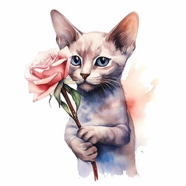 Colorpoint Shorthair Cat holding flower, watercolor, sharp illustration clipart, insane detail, white background