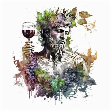a Dionysus drinking wine god with watercolor effect, grapes and vine leaf,dark colors,unrealistic,fantastic scene,suitable for digital cliparts,white background