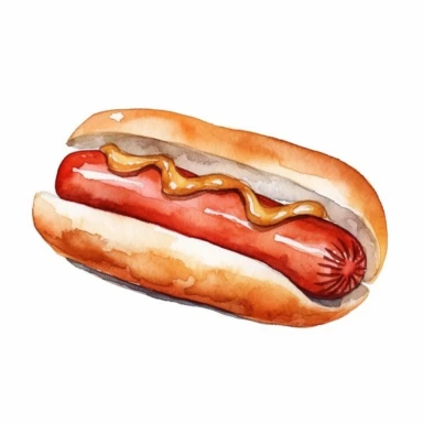 basic watercolor hot dog in minimal hand drawn style, Etsy, textured, clipart, white background