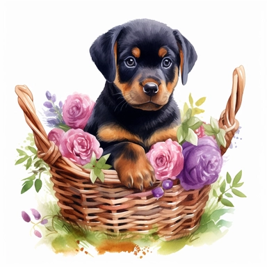 Rottweiler puppy, sitting in a basket with flowers, watercolor illustration, clipart, full body, hyper-realistic animal illustration, childlike, free brushwork, white background, cute