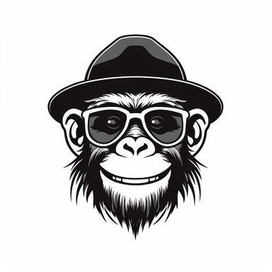 2D Black logo on a white background. Laughing black monkey man hybrid with sunglasses and cap Clipart. NO SHADING. KEEP THE LOGO SIMPLIFIED