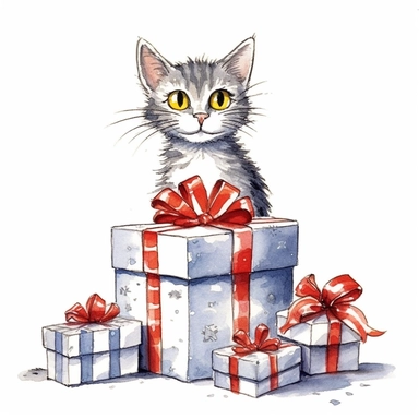Axel scheffler illustration style cat christmas present, high definition, 16k, insanely detailed, fine detail, sharp focus, illustration, white background, isolated clipart vector