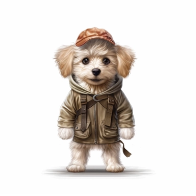 Adorable cute fantasy baby dog dressed like ranger standing in dynamic pose,front view,fullbody,sharp through out,happy expression, nursery art, clipart image, lineart image, white background, very detailed, 8k, composition wide shot