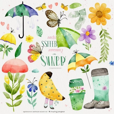 Please create a series of watercolor clipart illustrations featuring different items related to spring. Each illustration should be drawn in a charming and playful style that captures the beauty and vibrancy of the season. Items to include can be flowers, butterflies, birds, bees, rain boots, and umbrellas. Please use a coherent color palette that is bright and cheerful, but also soothing and calming. Colors that are associated with spring, such as greens, blues, pinks, and yellows, should be us