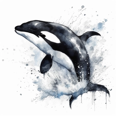 Energetic black and white killer whale jumping out of water, watercolor, clipart, on isolated on white background.