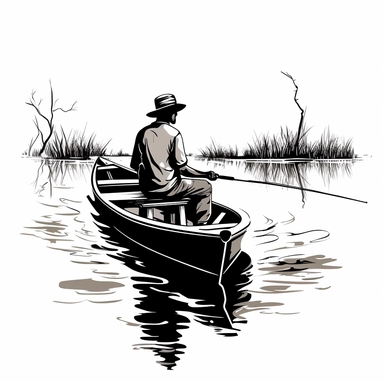 Black line, man fishing rod on a boat, Clipart, White Background