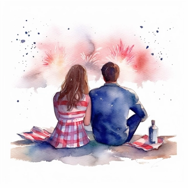 American girl and her boyfriend of 2 watching Fourth of July fireworks, sitting on blanket, view from behind, clipart, watercolor vector beautiful, isolated on white background