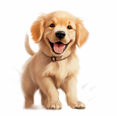 happy golden retriever puppy, digital painting and drawing, clipart, full body, hyper - realistic animal illustration, childlike, free brushwork, white background