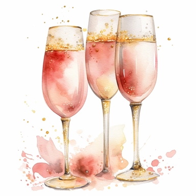 beautiful Watercolor Birthday celebration champagne glasses, Clipart, pink and gold theme