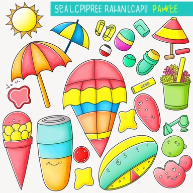 Please create a series of color-pencil clipart illustrations featuring different items related to summer. Each illustration should be drawn in a playful and cheerful style that captures the vibrancy and warmth of the season. Items to include can be beach balls, watermelons, sun hats, flip-flops, and ice cream cones. Please use a colorful and coherent color palette that is bright and evokes the feeling of warmth and sunshine. Colors that are associated with summer, such as yellows, oranges, pinks