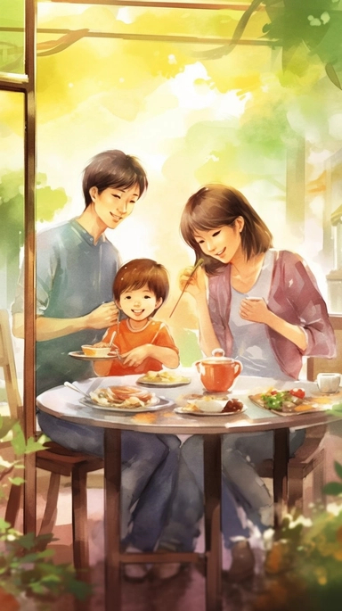On Father's Day morning, the family gathers around the table to enjoy a hearty breakfast. The father smiles as he tastes the food prepared by his loved ones, creating a warm atmosphere.Chinese style,watercolor clipart, high quality,high detail,32K