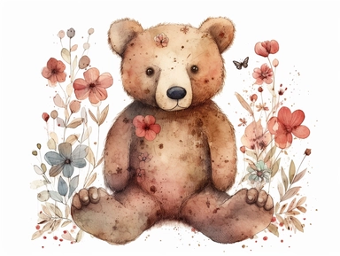 vintage teddy bear sitting with pressed wildflowers flowers , for a T-shirt graphic, minimalist, white background with margins, clipart style